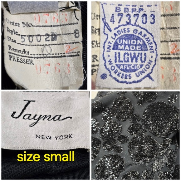 Jayna Vtg  Black Metallic Deep V Neck Party Dress Brocade Bishop Sleeve Size S - Picture 10 of 13